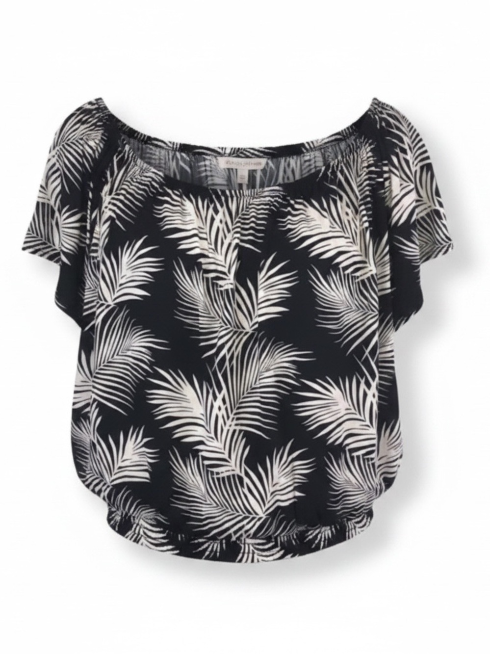 NWOT Forever 21 + 2X black white tropical palm  on/off‎ shoulder stretch top